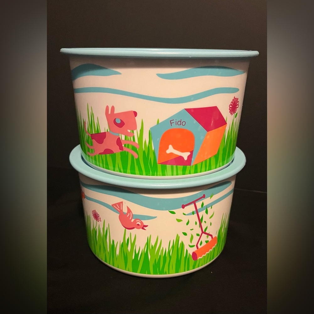 Tupperware Spring Delites Canister Set Fido Dog Cat Lawn Blue Seals Set 2